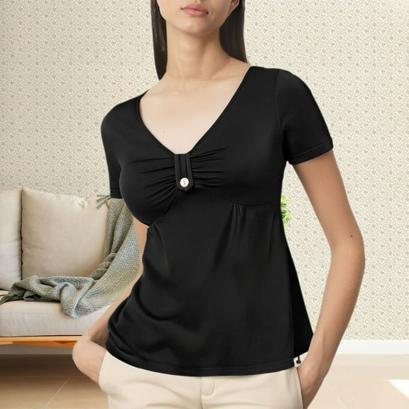 TODOZO T Shirts for Women Slim Fit Casual Lightweight Soft Basic Tees Summer Clothes for Women Chest Buckle Waist V Neck Solid Color Women's Short Sleeved Top Black Xl