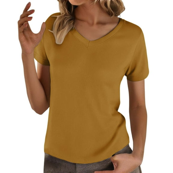 TODOZO T Shirts for Women Loose Fit Casual Lightweight Soft Basic Tees Womens Summer Tops Women's V Neck Loose Thin Breathable T Shirt Gold L