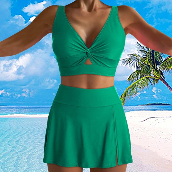 TODOZO Tankini Swimsuits for Women with Skirts 2025 Trendy Swim Suits for Women Tummy Control Women's Resort Beach Bikini with Breast Pad Without Brackets Green S