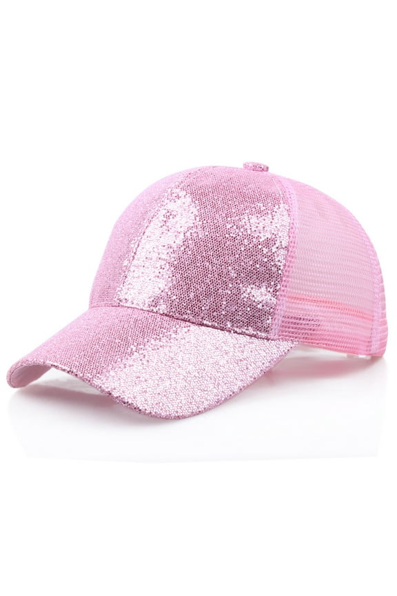 Trucker Hat Baseball Cap Snapback Fitted Hats for Men Women Snap Closure Design Breathable Mesh Side Durable Snapback Cap Bun Women Sequins Caps Messy Hat Ponytail Girl Shiny Sun Caps Pink L