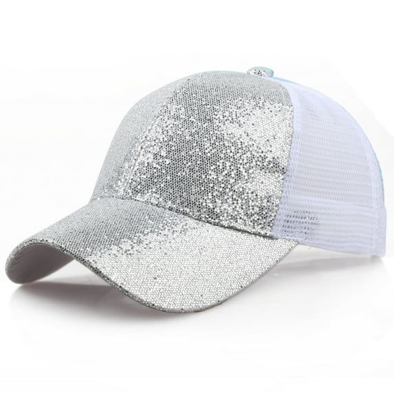 TODOZO Trucker Hat Baseball Cap Snapback Fitted Hats for Men Women Snap Closure Design Breathable Mesh Side Durable Snapback Cap Bun Women Sequins Caps Messy Hat Ponytail Girl Shiny Sun Caps Silver S