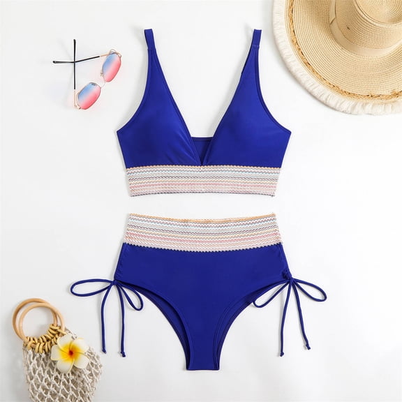 TODOZO Tummy Control Swimsuits for Women Tankini Swimsuits for Women 2025 Trendy Women's Color Blocking Deep V Bikini Pleated Swimsuit Blue M