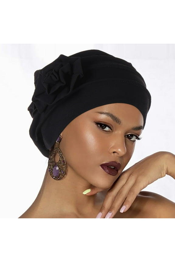 Women African Turban Flower Knot Headwrap Pre Tied Bonnet Beanie Cap Headwrap Hair Loss Wrap Headband Tie Ethnic Hair Cover Wrap Turban Headwear Turban Cap for Women Cancer Head Hat Cap Black