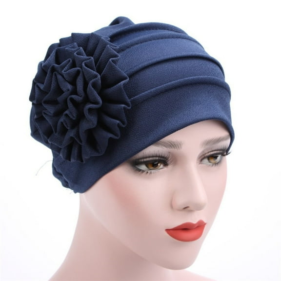 TODOZO Women African Turban Flower Knot Headwrap Pre Tied Bonnet Beanie Cap Headwrap Hair Loss Wrap Headband Tie Women's Soft Monochrome Side Applique Flower Hijab Hat Muslim Baotou Hat Navy One Size