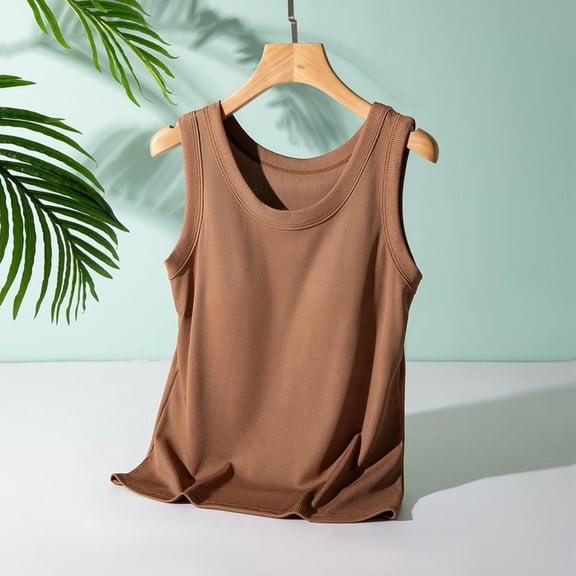 TODOZO Women Built-in Bra Tank Tops Sleeveless Casual Shirts Racerback Ribbed Fitted Tank Tops Round Neck Slim Fit Vest,Suitable for All Seasons Summer Tops Clothes Outfits 2025 Coffee XL