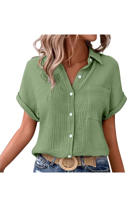 Women Button Down Shirt Rolled Cuffed Short Sleeve Blouse Ladies Summer Casual V Neck Beach Soft Fashion Cotton Blouses Tops with Pocket Short Sleeve Shirts for Women Summer Camouflage L