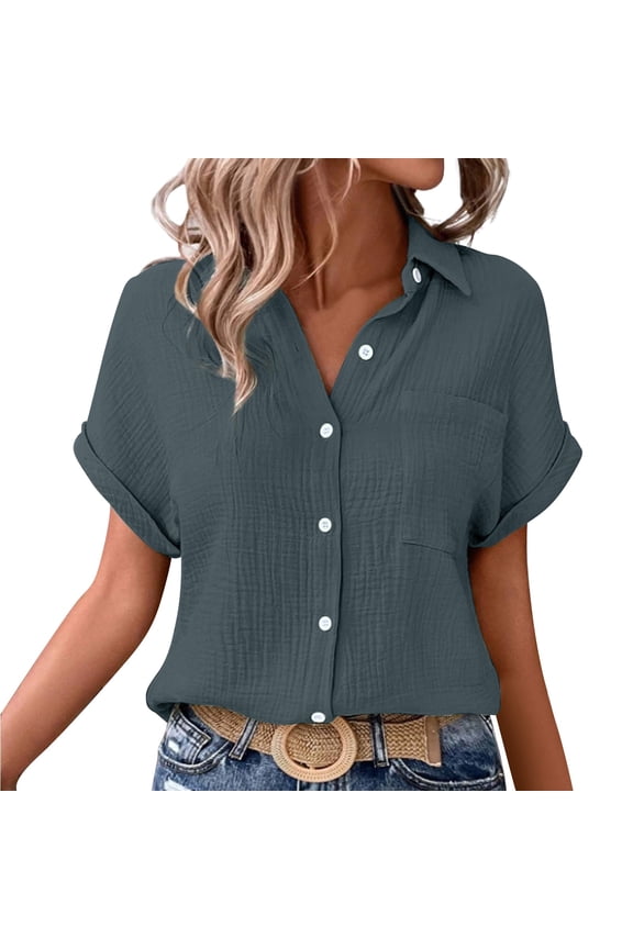 Women Button Down Shirt Rolled Cuffed Short Sleeve Blouse Ladies Summer Casual V Neck Beach Soft Fashion Cotton Blouses Tops with Pocket Short Sleeve Shirts for Women Summer Dark Grey L