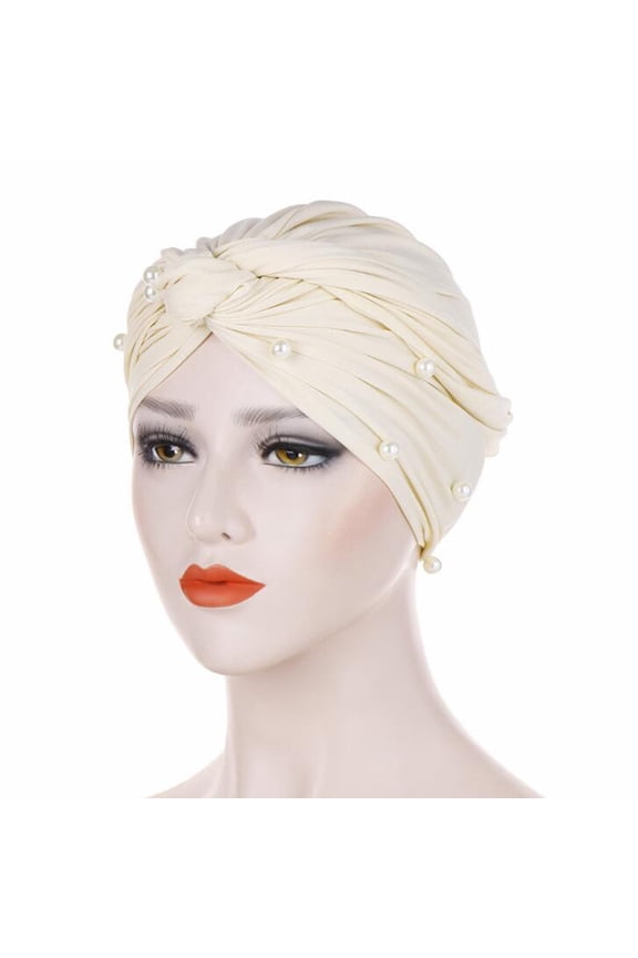 Women Headwrap Turban Chemo Cancer Headwear African Headwrap Hair Pre-Tied Turbans Fashion Head Covering Muslim Beading Hat Turban Cap Pearl Women Wrap Caps Beige One Size