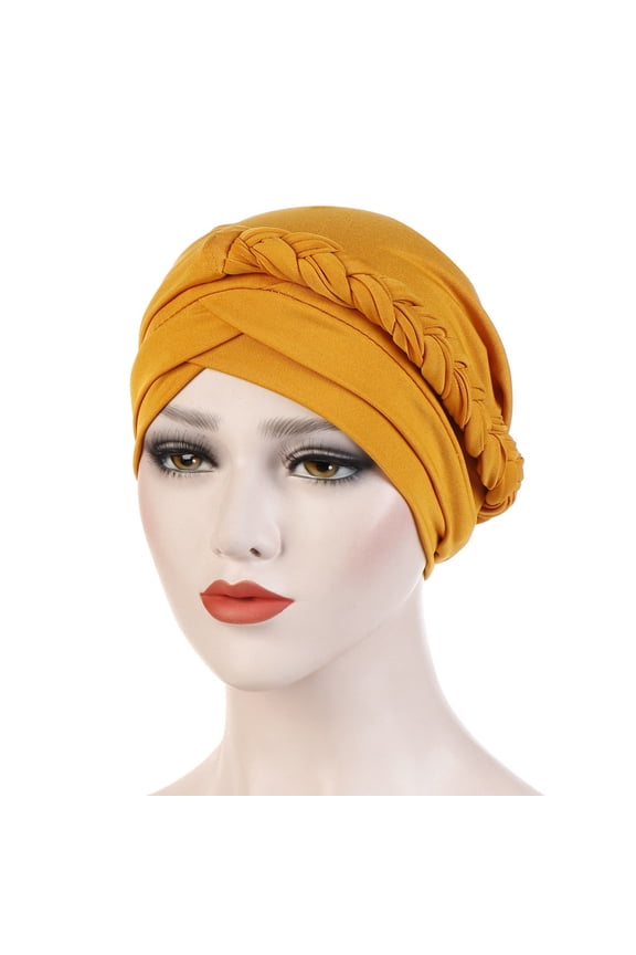 Women Headwrap Turban Chemo Cancer Headwear African Headwrap Hair Pre-Tied Turbans Fashion Head Covering Women Solid Plait Hat Muslim Cancer Turban Wrap Cap Yellow One Size