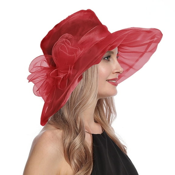 TODOZO Women Party Church Derby Top Hats Organza Sun Visor Cap Ladies Flowers Fascinators Big Wide Brim Fedoras Kentucky Derby Hats for Women Women's Mesh Hat Holiday Brim Top Hat Red One Size