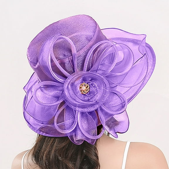 TODOZO Women Party Church Derby Top Hats Organza Sun Visor Cap Ladies Flowers Fascinators Big Wide Brim Fedoras Kentucky Derby Hats for Women Women's Mesh Hat Sunshade Beach Hat Sun Block Hat Purple