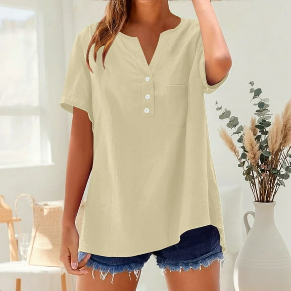 TODOZO Women's Cotton Linen Blouses Henley Shirts Button Down Roll Up Short Sleeve Tops V Neck Work Tops Loose Fit,Linen Blouse Gauze Tops for Women Casual Summer Trendy Outfits Beach Vacation Clothes