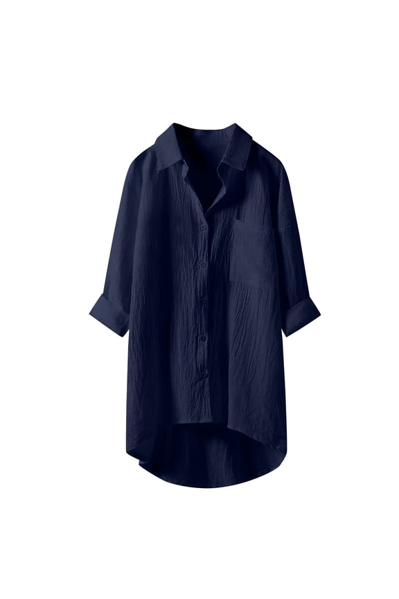 Women's Cotton Linen V Neck Elegant Loose Plain Lightweight Shirt Womens Button Down Shirts Long/Roll Up Sleeve Cotton Linen Collared Work Blouses Oversized Boyfriend Loose Tops with Pocket