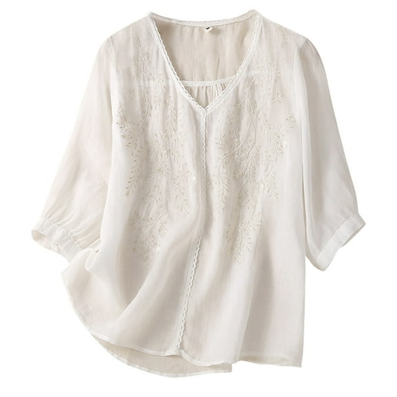 TODOZO Women's Floral Retro Embroidery Linen Shirts 3/4 Sleeve V Neck Cute Tops Blouses Linen Shirts for Women 2025 Trendy Boho Cute Blouses Boho Tops for Women White Xxl