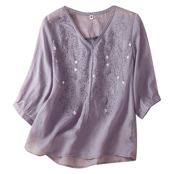 TODOZO Women's Floral Retro Embroidery Linen Shirts 3/4 Sleeve V Neck Cute Tops Blouses Linen Shirts for Women 2025 Trendy Boho Cute Blouses Boho Tops for Women Purple Xl