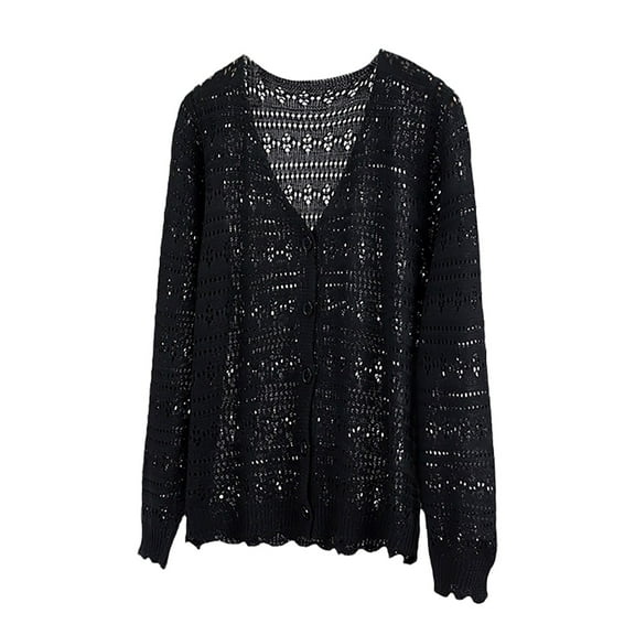 TODOZO Women's Knitting Solid Cotton Linen Cardigans Thin Style Hollowing Solid Long Sleeved Cardigans V Neck Hollow Long Sleeved Knitted Cardigan Cotton Linen Solid Color Versatile Top Black L