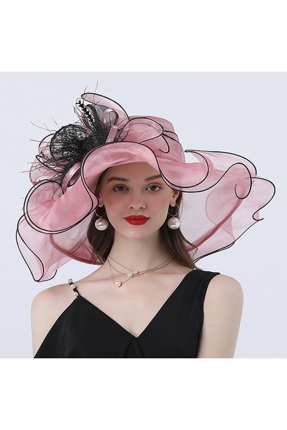 Women's Organza Kentucky Derby Fascinator Hat Cloche Bowler Hat Cocktail Tea Party Wedding Sun Hat Wide Brim Dress Hat for Women Lady Tea Party Derby Noble Church Summer Ruffles Cap Women's St