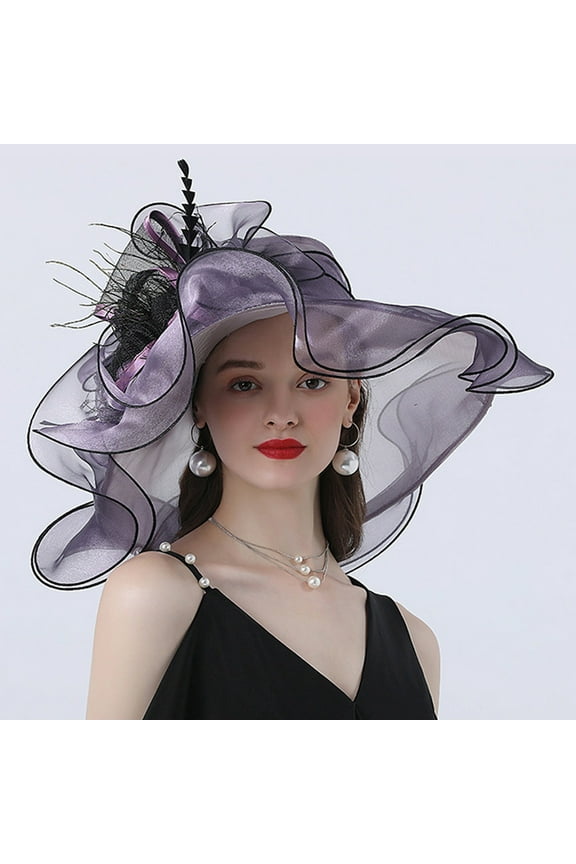 Women's Organza Kentucky Derby Fascinator Hat Cloche Bowler Hat Cocktail Tea Party Wedding Sun Hat Wide Brim Dress Hat for Women Lady Tea Party Derby Noble Church Summer Ruffles Cap Women's St