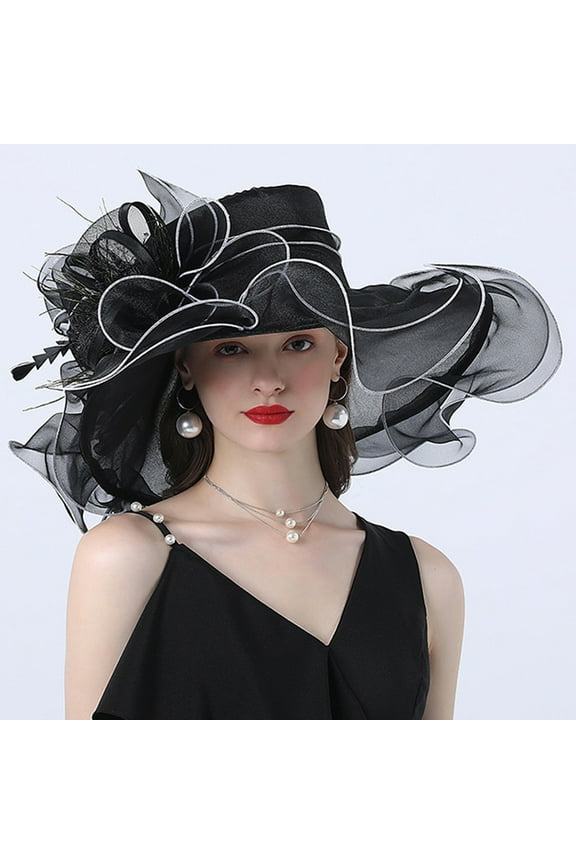 Women's Organza Kentucky Derby Fascinator Hat Cloche Bowler Hat Cocktail Tea Party Wedding Sun Hat Wide Brim Dress Hat for Women Lady Tea Party Derby Noble Church Summer Ruffles Cap Women's St