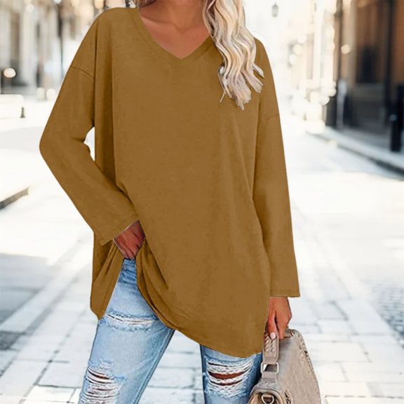 TODOZO Women's Oversized T Shirts V Neck Tees Summer Long Sleeve Casual Comfy Cozy Tunic Tops Loose Fit Shirts Solid Basic Tops Womens Long Sleeve Tops Oversized T Shirts Striped Shirts Round Neck