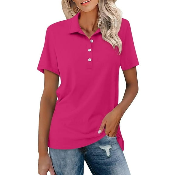 TODOZO Women's Polo Shirts Cotton 3-Button Short Sleeve Collared Tops Summer Cool Shirt Uniform Casual Shirts Women's Short Sleeve Shirts Summer Down Collared Tops Casual Loose Tees Hot Pink Xl