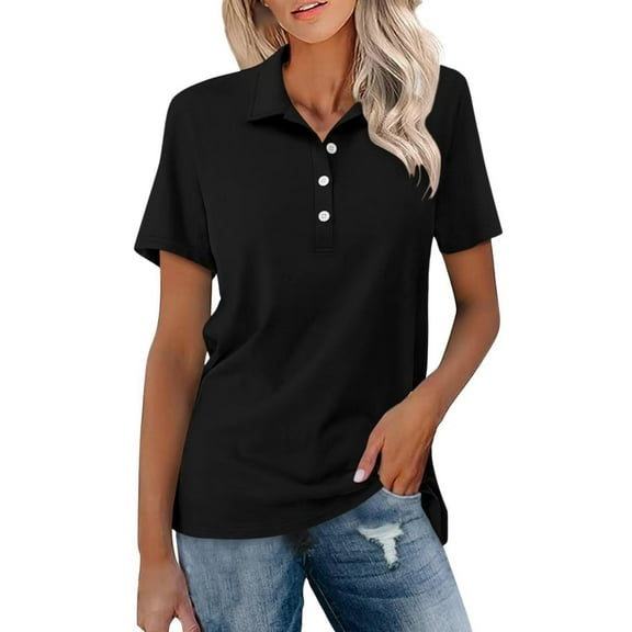 TODOZO Women's Polo Shirts Cotton 3-Button Short Sleeve Collared Tops Summer Cool Shirt Uniform Casual Shirts Women's Short Sleeve Shirts Summer Down Collared Tops Casual Loose Tees Black S