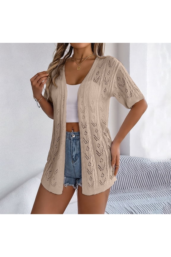 Women's Short Sleeve Crochet Cardigan Sweater for Summer Lightweight Boho Knit Kimono Outwear Summer Tops for Women 2025 Summer Hollow Short Sleeved Knitted Cardigan Vacation Shirt Khaki Xl