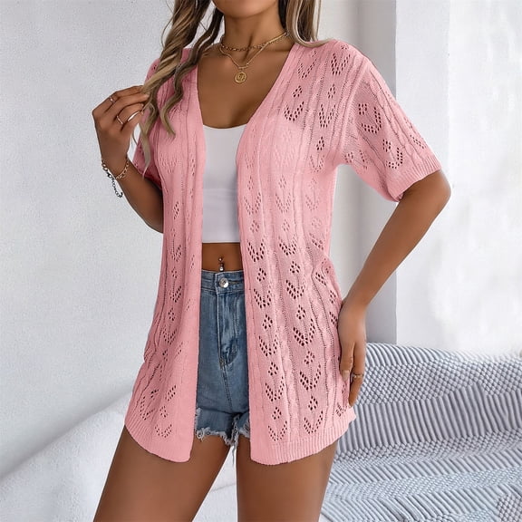 TODOZO Women's Short Sleeve Crochet Cardigan Sweater for Summer Lightweight Boho Knit Kimono Outwear Summer Tops for Women 2025 Summer Hollow Short Sleeved Knitted Cardigan Vacation Shirt Pink Xl