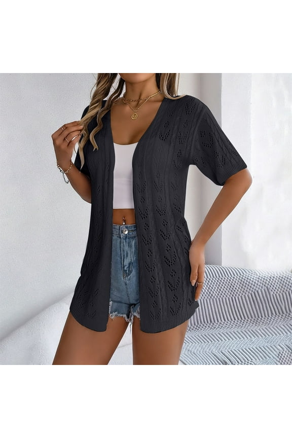 Women's Short Sleeve Crochet Cardigan Sweater for Summer Lightweight Boho Knit Kimono Outwear Summer Tops for Women 2025 Summer Hollow Short Sleeved Knitted Cardigan Vacation Shirt Black L