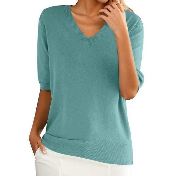 TODOZO Women's Short Sleeve Sweaters Business Casual Work Tops Summer Fashion Vacation Outfits 2025 Comfy V Neck Ribbed Knit Blouses Summer Tops for Women 2025 Women Blouses Mint Green S