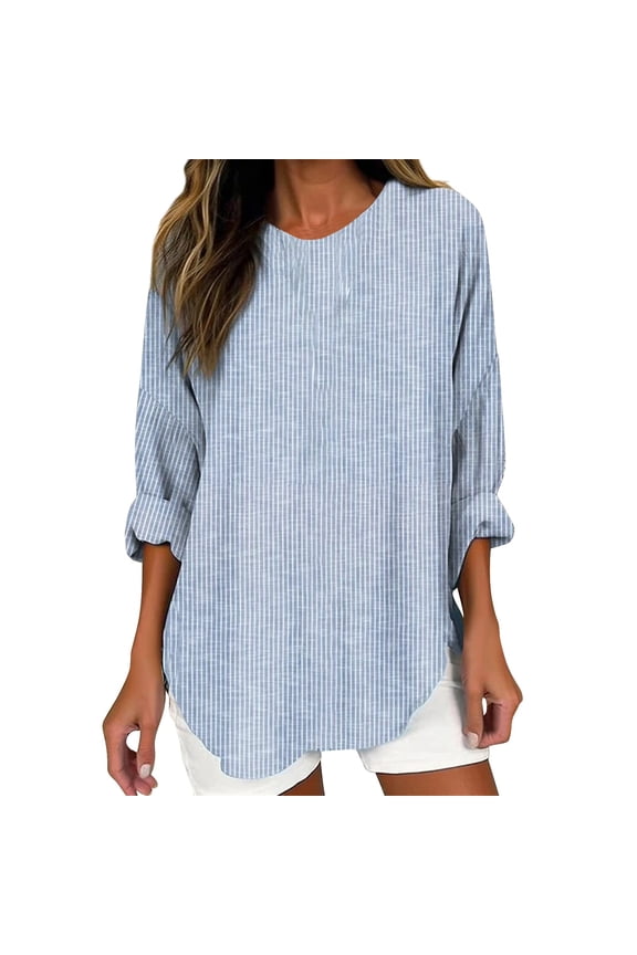 Women's Striped Shirt Long Sleeve Notched Crew Neck Button Down Casual Blouse Tops Linen Shirts for Women 2025 Trendy Summer Long Sleeve Tops Dressy Casual Loose Boho Cute Blouses Blue M