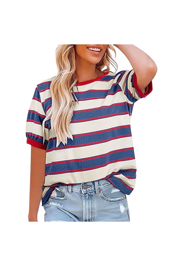Women's Striped Tops Crew Neck Short Sleeve T Shirt Trendy 2025 Basic Summer Casual Loose Tees Summer Tops for Women 2025 Women Blouses Rd2 M