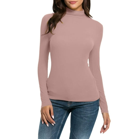 TODOZO Women's Turtleneck Long Sleeve Thermal Tops Slim Fitted Lightweight Thin Basics Layer Tshirt Summer Tops for Women 2025 Women Blouses Pink M