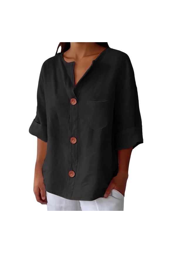 Women's V-Neck Cotton Linen Shirt Top 3/4 Roll-Up Sleeve Summer Solid Tunic Tops with Button Down V Neck Casual Loose Fit Blouses Summer Beach Gauze Tops Dressy Casual Oversized Tshirts