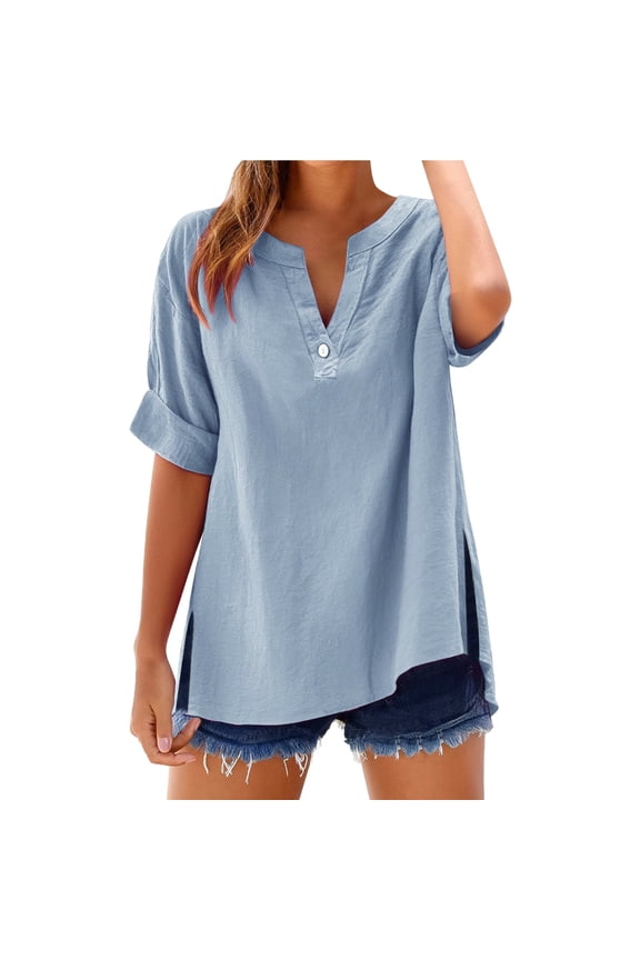 Womens 3/4 Sleeve Button Down Shirts Business Tops Boho Clothing 2026 Roll Up Sleeve Cotton Linen Tops Henley Tops Daily T Shirts Solid Color Pullover Shirts Oversized Tshirts Button Up Shirt