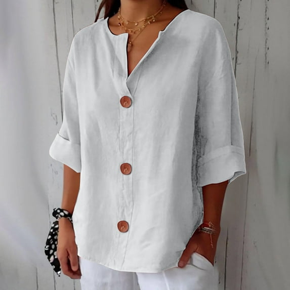 TODOZO Womens 3/4 Sleeve Button Down Shirts Cotton Linen Roll Up Short Sleeve Tops V Neck Casual Loose Fit Blouses Linen Tops for Women Loose Fit Gauze Shirts Lightweight Three Quarter Blouses
