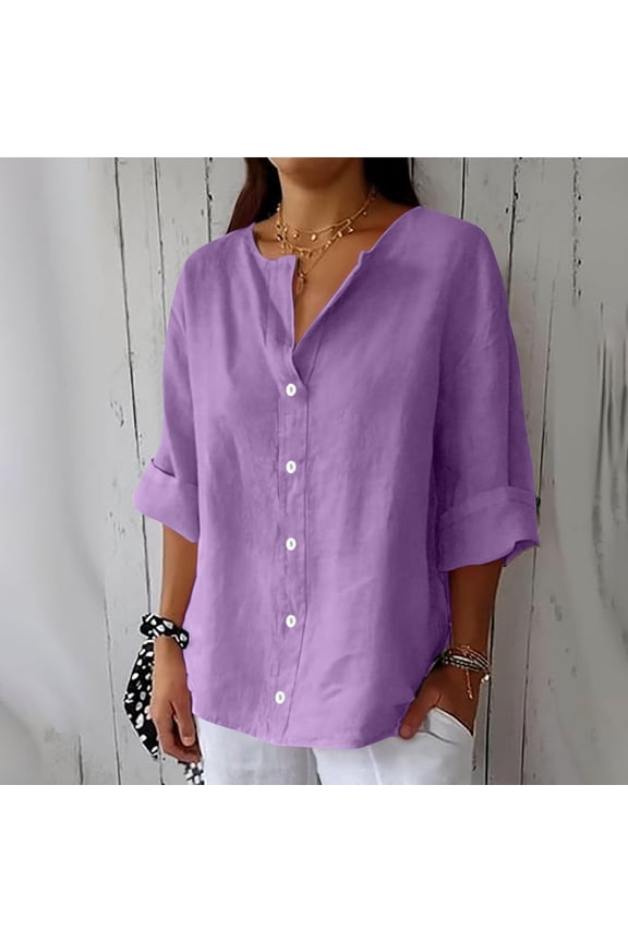 Womens 3/4 Sleeve Button Down Shirts Cotton Linen Roll Up Short Sleeve Tops V Neck Casual Loose Fit Blouses Summer Beach Cotton Tops Tunics Gauze Shirts Lightweight Three Quarter Blouses
