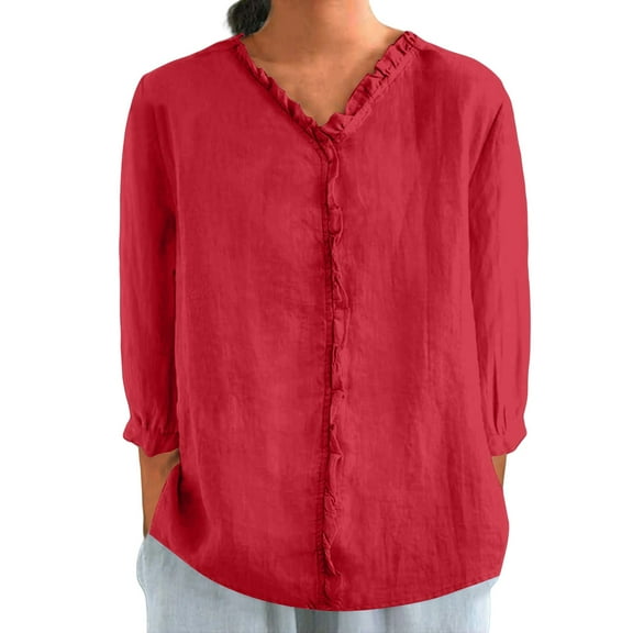 TODOZO Womens Button Down Shirts Breathable Loose 3/4 Sleeve Cotton Linen Summer Causal Blouses Tops Women's Autumn Lapel Art Solid Color Round Neck Loose Pullover Top Casual Shirt T Shirt Red L