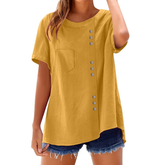 TODOZO Womens Button Down Shirts Breathable Loose Short Sleeve Cotton Linen Summer Causal Blouses Tops Women's Retro Round Neck Button Cotton Linen Loose Casual Shirt Top T Shirt Beach Casual