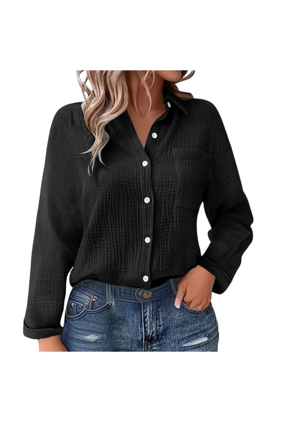 Womens Button Down Shirts Cotton Dress Shirt Long Sleeve Oversized Boyfriend Solid Tunic Tops with Pockets Gauze Tops for Women Loose Fit Button Down Shirts for Women Black Xxl