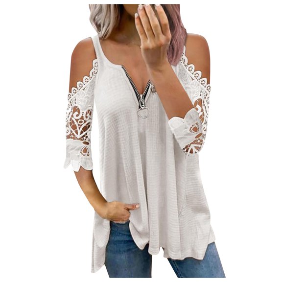 TODOZO Womens Lace Tunic Summer Top, Zipper V-Neck Blouses, Short Sleeve Strapless Casual T-Shirt, Loose Fit Cold Shoulder Tops for Women 3/4 Sleeve Solid Color Blouses Shirt White L
