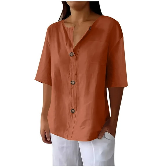 TODOZO Womens Linen Button Down Shirt Casual 3/4 Sleeve Cotton Blouse Loose Fit Collared Work Gauze Tops Cotton Linen Shirts for Summer V Neck Loose Vacation Beach Solid Blouses Tunic Tops