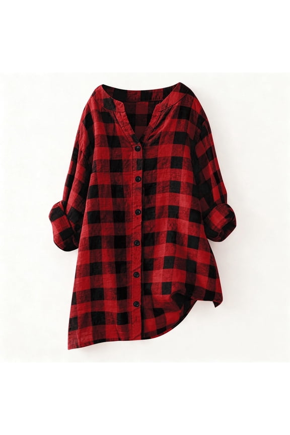 Womens Plaid Shirts Business Dressy Top Cute Soft Plaid Blouse Jackets for Women Button Down Collared Casual Tops V Neck Work Tops Rolled Up Boyfriend Top Womens Jacket Dress Shirt 4Xl