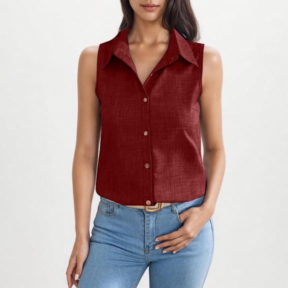 TODOZO Womens Sleeveless Button Down Shirt Collared Cotton Linen Blouse Casual Office Shirts Basic Tank Top Solid Color V Neck Casual Work Tank Tops Classic Collared Basic Tops