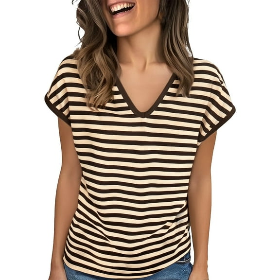 TODOZO Womens Summer Tops Dressy Casual Cap Sleeve T Shirts for Women V Neck Ruched Tops Basic Tank Fashion Trendy Striped Short Sleeve Going Out Tops for Women Khaki 5Xl