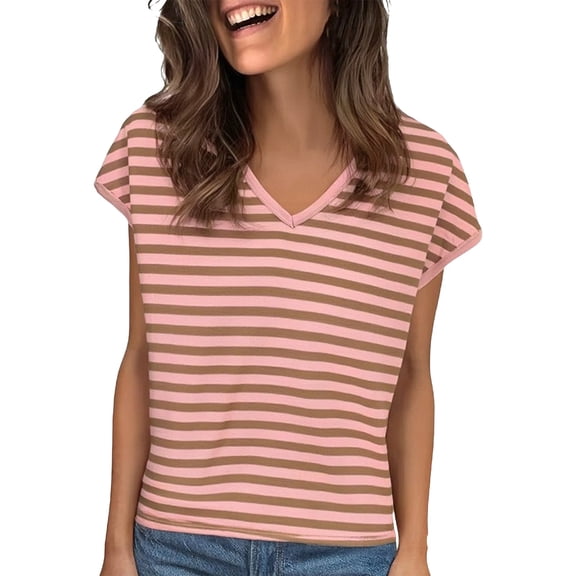 TODOZO Womens Summer Tops Dressy Casual Cap Sleeve T Shirts for Women V Neck Ruched Tops Basic Tank Fashion Trendy Striped Short Sleeve Going Out Tops for Women Pink 7Xl