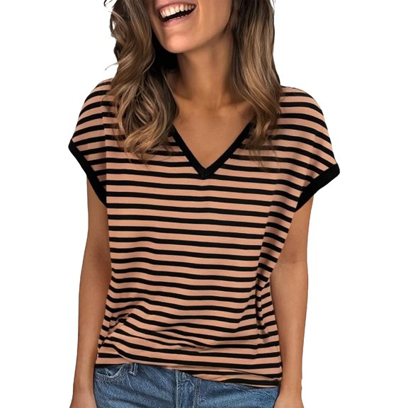 TODOZO Womens Summer Tops Dressy Casual Cap Sleeve T Shirts for Women V Neck Ruched Tops Basic Tank Fashion Trendy Striped Short Sleeve Going Out Tops for Women Coffee 4Xl