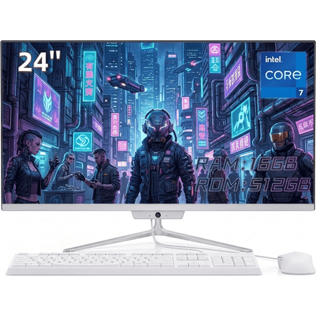 TOEMAAGIC 24-inch All-in-One Desktop Computer, Intel Core i7-4790 16GB RAM, 512GB SSD, Windows 10, Webcam, Includes Wired Keyboard and Mouse, White