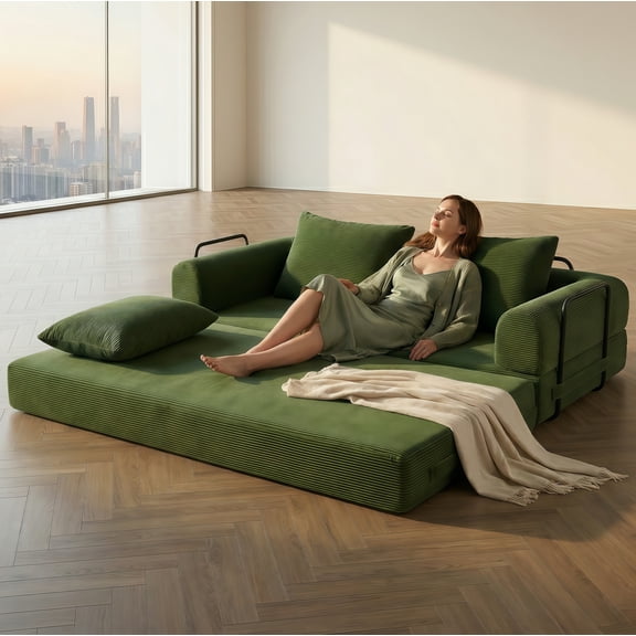 TOEMAAGIC 78.7" W Combination Sofa, High Rebound Density Sponge Sofa Couch, Two Forms Floor Couch Three Seats Sofa Bed for Living Room, Bedroom, Green