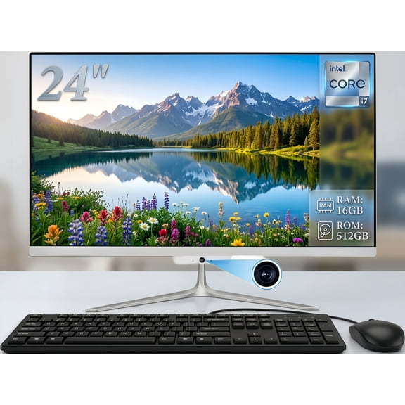 TOEMAAGIC All-in-One Desktop 24" FHD Display Intel Core i7 16GB RAM 256GB SSD Windows 10,Mouse,Keyboard ,White